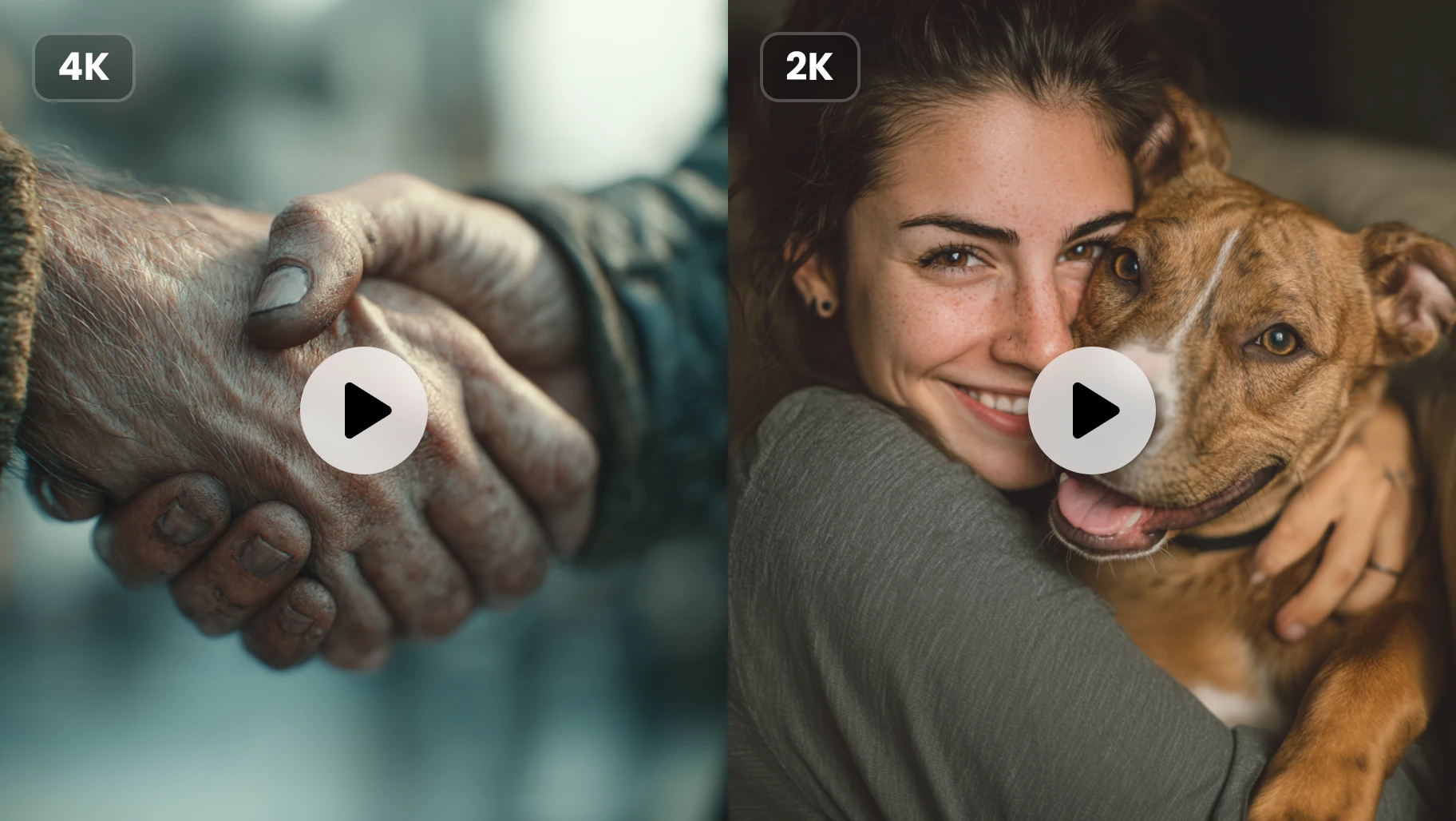 兩支由 aiease 圖片轉影片 AI 工具生成的影片:一雙手與一位抱著狗的女子